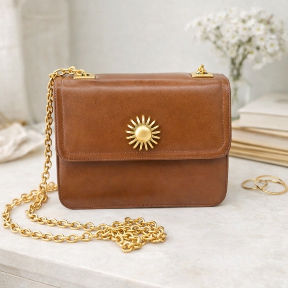 Vintage Brown Leather Gold Sun‎ Medallion Chain Shoulder Bag USA Made